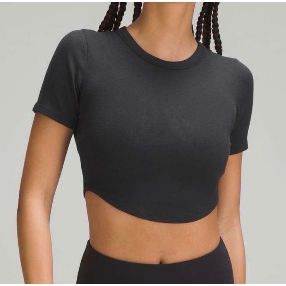 Lululemon Black Ribbed Short Sleeve Crop Top Curved Hem Top